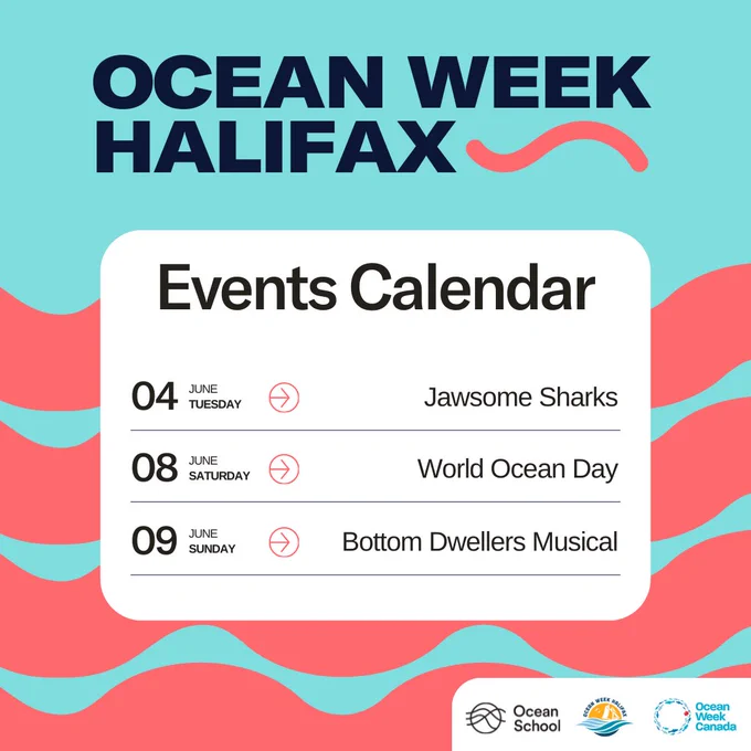 Graphic for Ocean Week Halifax featuring an events calendar with dates and titles for events including Jawsome Sharks on June 4, World Ocean Day on June 8, and Bottom Dwellers Musical on June 9, set against a blue and red background.