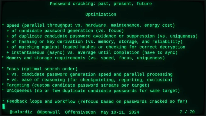 "Optimization" slide from "Password cracking: past, present, future" showing the break-down into speed vs. focus and the many trade-offs