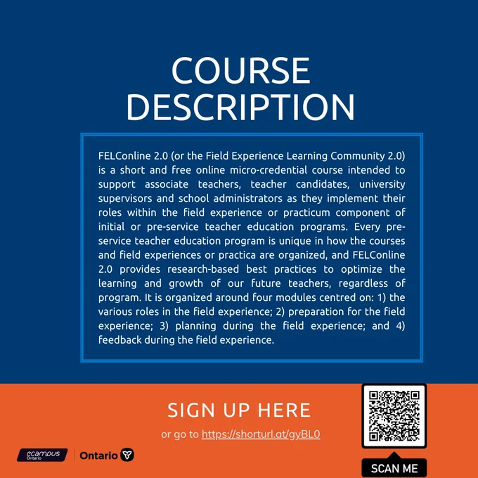 Against a navy blue background, a block of text describes the microcredential course as supporting all roles associated with teacher education field experience placements. The course is broken into four modules: 1) roles in field experience, 2) preparation, 3) planning, & 4) feedback. 