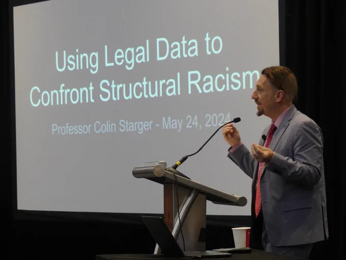 Professor Colin Starger of the University of Baltimore Law School's Legal Data & Design Clinic presents at NACDL's Race Matters CLE seminar in Baltimore on May 24, 2024. Photo by Jonathan Hutson