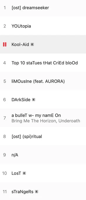 Track list for the latest Bring Me The Horizon album showing quirky capitalization of track titles, much like 1990s "l33t speak".