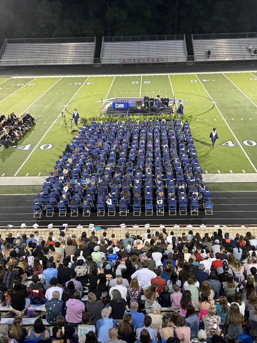 Aerial view of the stadium with graduates sitting on the field.