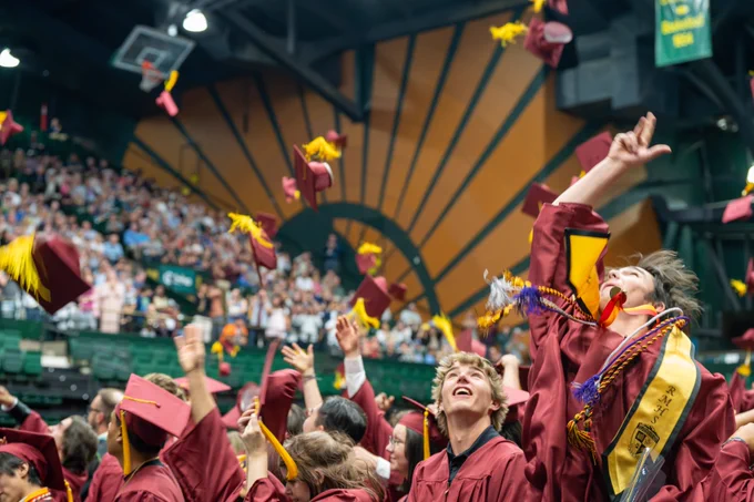 Students toss their graduation caps in the air at graduation.