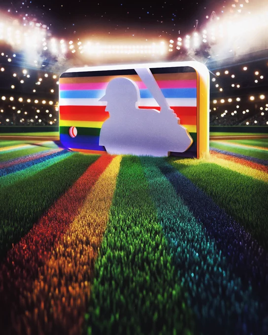 Major League Baseball’s silhouette batter logo with Pride Flag colors in the background. The logo sits on the outfield grass of a baseball diamond, with Pride colors painted vertically in the grass. Stadium lights shine in the background. 