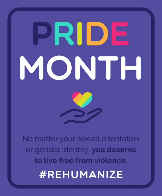 a purple graphic with the words “Pride month: no matter your sexual orientation or gender identity, you deserve to live free from violence. #Rehumanize.”
