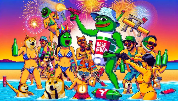 Meme of $GULP community celebrating meme-orial day weekend on the beach with Pepe Frog and Doge