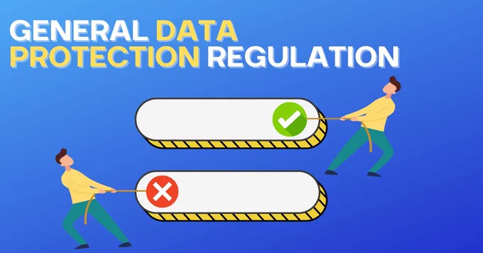 The blue background on the right side with the title of the General Data Protection Regulation and illustration of two people pulling circles on the side as a sing of the 'rejection' and 'acceptance'.