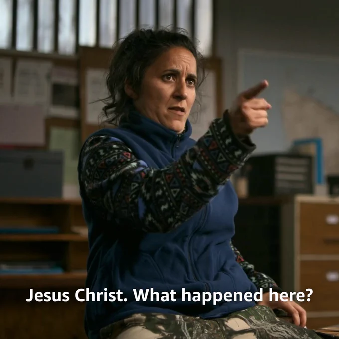 Eddie (Madeleine Sami) points at Abby off screen saying "Jesus Christ. What happened there?"