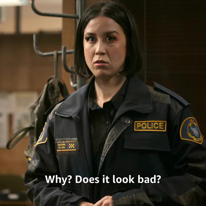 Abby (Nina Oyama) responds saying "Why? Does it look bad?"