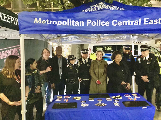 Group photo of Hackney Nights team with me, the police, Cabinet Lead for Community Safety Cllr Susan Fajana-Thomas, Chair of Licensing Cllr Gilbert Smyth and local Cllr Kam Adams