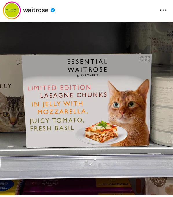 Cat food in the Waitrose essentials range: limited edition lasagne chunks, in jelly with mozzarella, juicy tomato, fresh basil