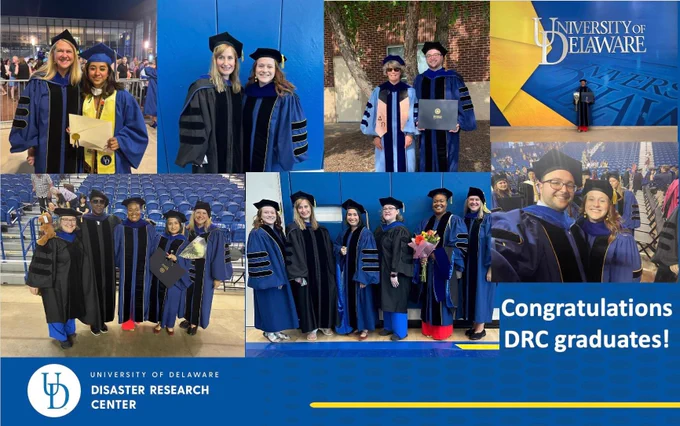 A collage of photos of people in graduation regalia with the words “Congratulations DRC graduates!”