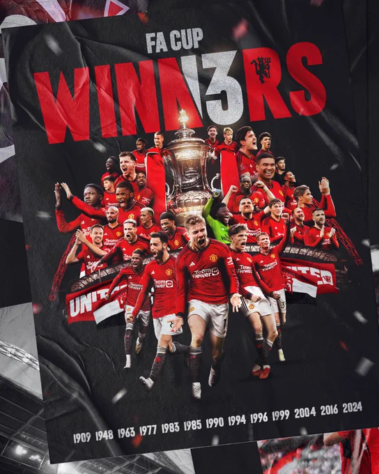 FA Cup winners graphic featuring imagery of the United squad and highlighting the years of all our FA Cup triumphs.