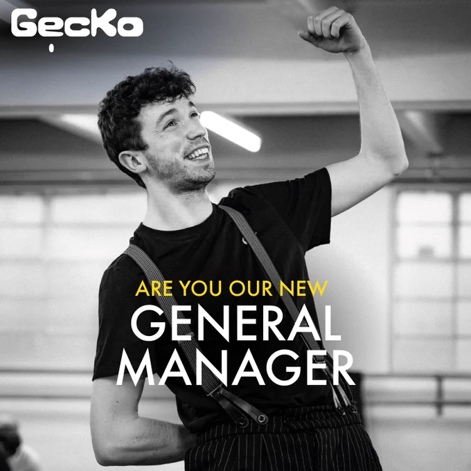 A black and white photo of a young man punching his fist in the air, smiling. Text on the image reads 'are you our new general manager'.