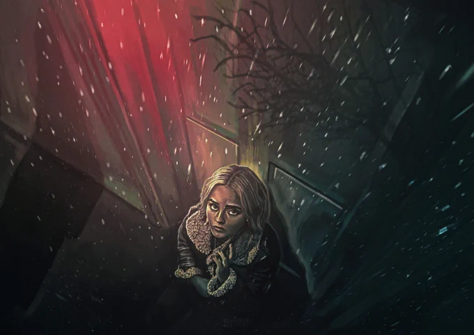 Ruby Sunday leaning against a door, illuminated by a red and cyan light. Shadows of 'The Woman' and a creepy tree are visible against the wall.