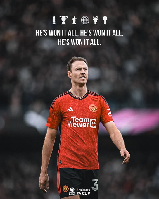 A graphic of Jonny Evans with the wording "He's won it all, he's won it all, he's won it all".