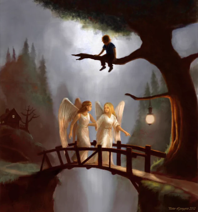 Guardian Boy - inspired by those classics paintings of children playing in precarious places with angels watching them. But with the roles reversed...