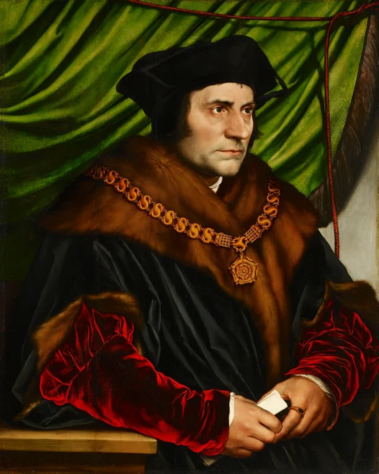 Painting of a man wearing a black cap, a black velvet cloak lined with fur, and a doublet with red velvet sleeves, seated in front of a bright green curtain