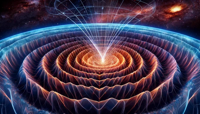 Here is the visualization of gravity through the lens of frequency wave theory, showing dynamic field lines, frequency waves, interference patterns, and harmonic structures around a central mass object in a cosmic setting.