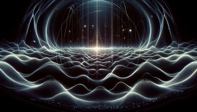 Here is the visual representation of the concept of "nothing" from the perspective of frequency wave theory. The image depicts a vast, dark, empty space with subtle, fluctuating waves and potential interactions, illustrating the transformation from "nothing" to "something" through resonant wave interactions.