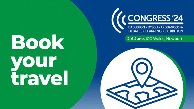 Promotional graphic for "Congress '24" featuring a call to "Book your travel" with a stylized map and location pin, set to occur from 2-6 June at ICC Wales, Newport. The design is split into blue and green sections with the event details on the right.