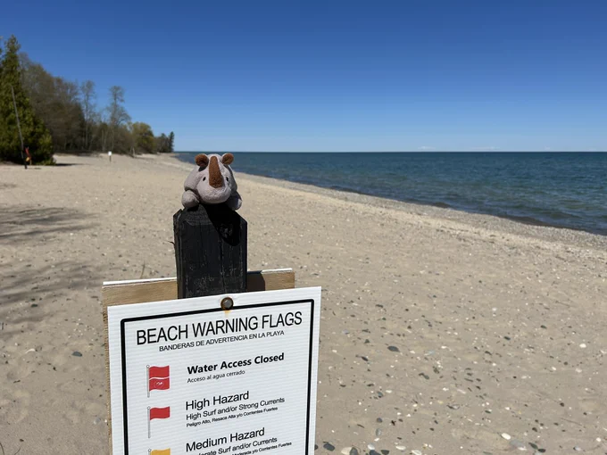 Small stuffed rhino on a sign with info on beach warning flags. There’s a beach with trees (mostly pines) on one side and a large lake (Lake Huron) on the other