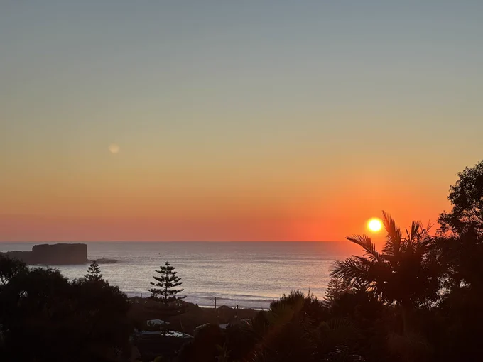 The sun, rising over the ocean. There are tree silhouettes in the foreground.