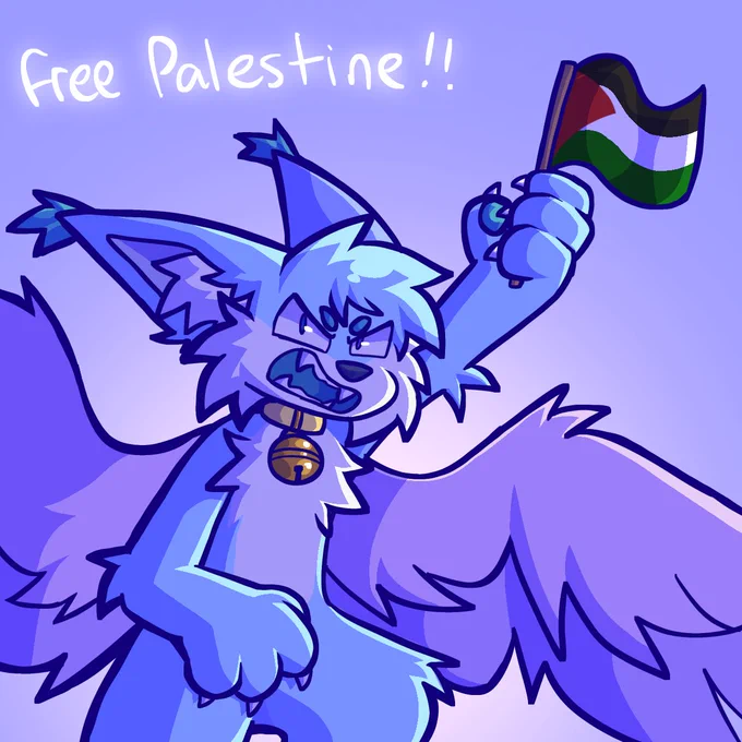 digital artwork of caelia, my fursona, angrily holding up a Palestinian flag and saying "free palestine"