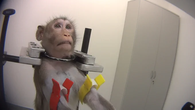 Macaco de cola larga en experimento en el Laboratorio de Farmacología y Toxicología de Alemania. © Cruelty Free International / SOKO Tierschutz