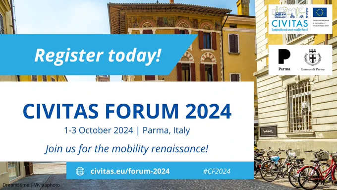 A graphic with a photo of yellow historical buildings and bicycles parked next to one of them as the background, with logos of the CIVITAS Initiative, Parma and Commune di Parma, and a large text saying: "Register today! CIVITAS FORUM 2024; 1-3 October 2024 | Parma, Italy; Join us for the mobility renaissance! civitas.eu/forum-2024; #CF2024".