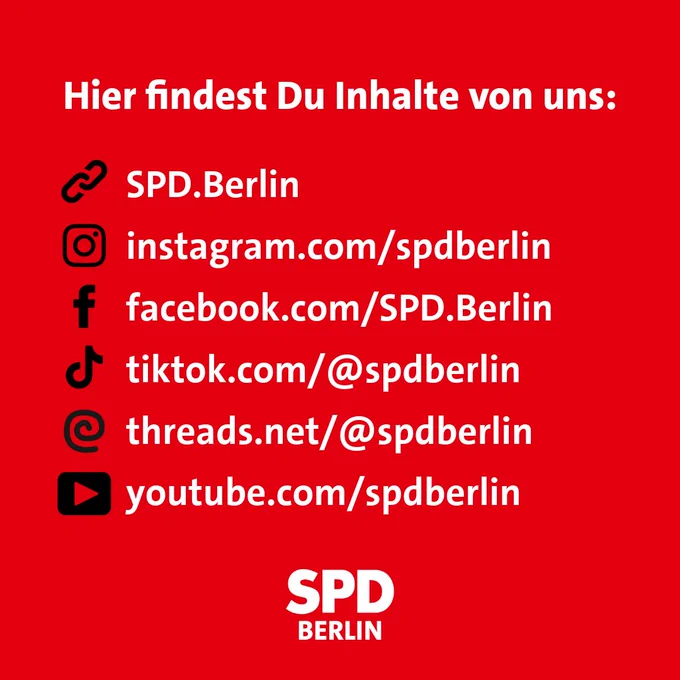 Hier findest du Inhalte von uns: https://spd.berlin, instagram/com/spdberlin, facebook.com/spd.berlin, tiktok.com/@spdberlin, threads.net/@spdberlin, youtube.com/spdberlin