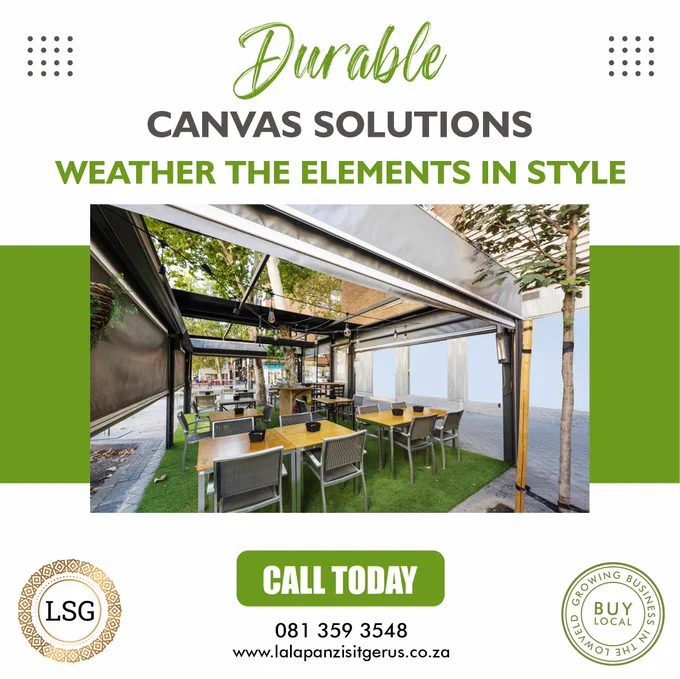 Lowveld residents, upgrade your spaces with LSG canvas work! 

From roll-up canvas walls and outdoor furniture protection to custom car covers. Quality craftsmanship tailored to your needs. 

Get yours now! www.lalapanzisitgerus.co.za

#CanvasCraftsmanship #LSGCanvas #LowveldLiving #buylocallowveld
