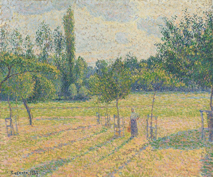 'Late Afternoon in our Meadow' Camille Pissarro, 1887. A tree lined meadow bathed in sunlight. A single woman in the distance stands with her hand on her hip.