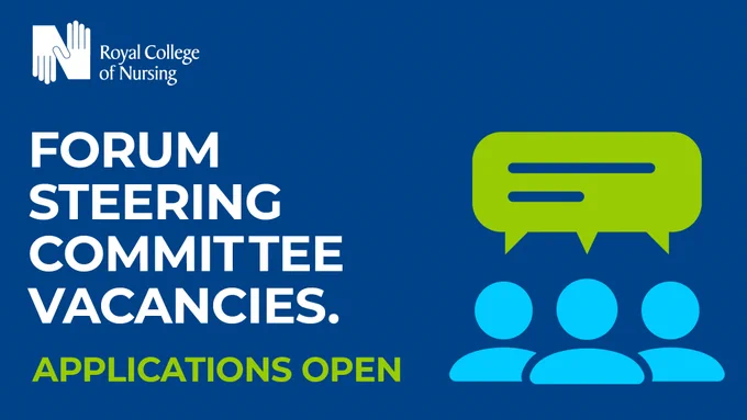 Dar blue background with graphic showing a group of people in conversation. The text reads "Forum Steering Committee vacacncies. Applications open.