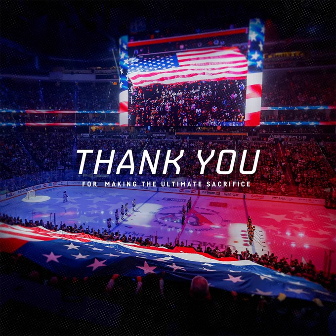 Photo of PPG Paints Arena with the American flag in the stands and text that reads "Thank you for making the ultimate sacrifice"