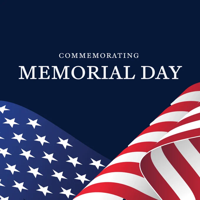 Navy graphic with a stylized American flag at the bottom, with text that reads "Commemorating Memorial Day"