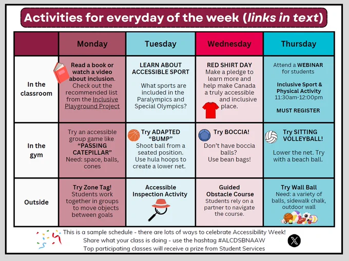 Activites for every day of National AccessAbility week chart. 