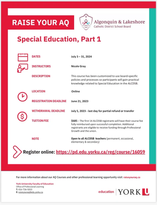 Poster advertising a special education part 1 AQ course through York University and ALCDSB. The first 14 registrants will have their course fully subsidized!