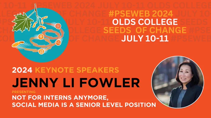 Graphic featuring keynote speaker Jenny Li Fowler who will be presenting, Not for interns anymore, social media is a senior level position.