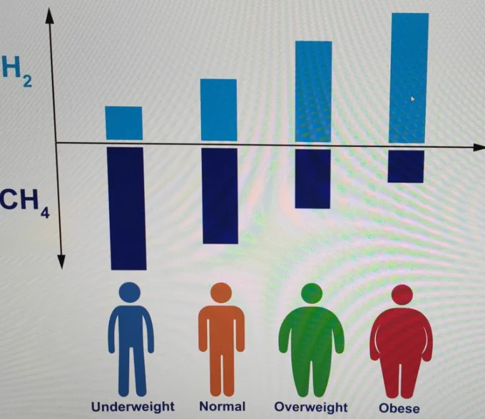 BMI positively correlated with post-prandial / non-fasting breath hydrogen and negatively correlated with methane (CH4) in study using FoodMarble at-home breath analysis device.