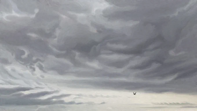 Digital painting of a grey sky - light grey, with darker grey clouds of various, intricate shapes. Some of them, small, wave-like, others are a large conglomerate that takes up most of the sky.