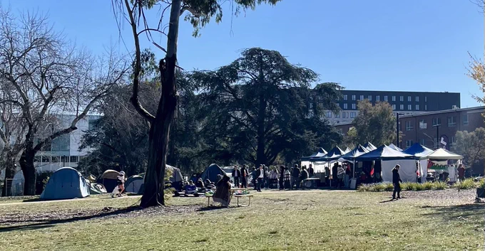 ANU Gaza solidarity encampment- tents, people.