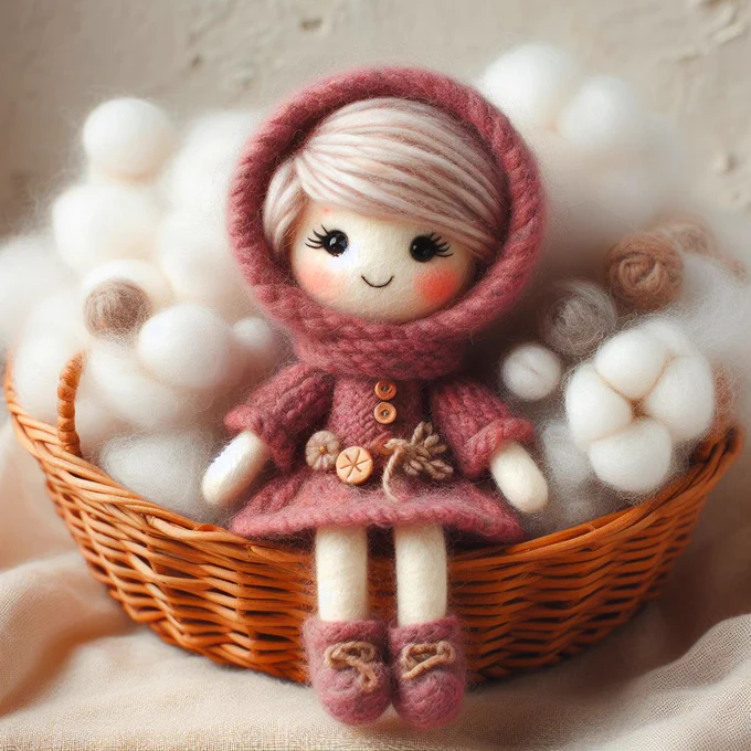 Wool felting, cute doll in felted wool, felting technique, wool fiber textures, soft, textural, cozy.