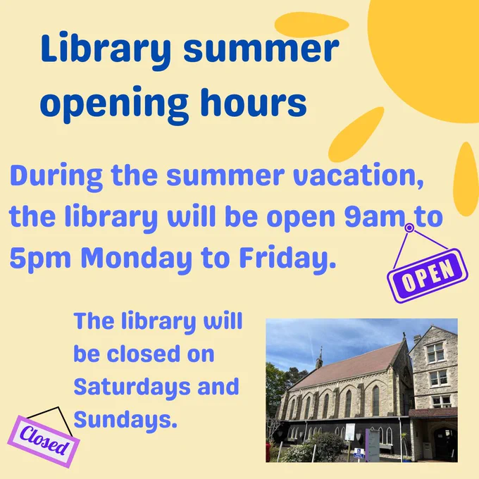 Text and images with the library summer opening hours during the vacation period. The library will be open Monday to Friday open 9am to 5pm and closed on Saturday and Sunday.