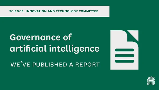 Illustration of a report on a green background with text reading: Science, innovation and technology committee. Governance of artificial intelligence. We've published a report. 