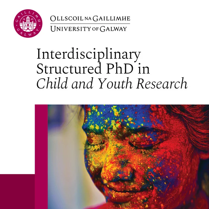 Event notice for information webinar on the Interdisciplinary Structured PhD in Child and Youth Research featuring an image of a female's side facial profile with colourful powdered dyes covering her skin.