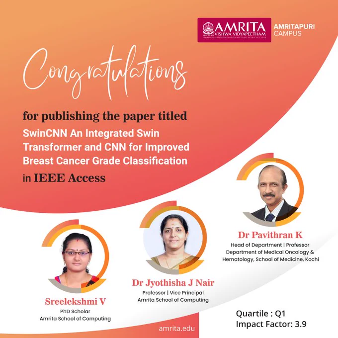 An Amrita paper shows how AI can improve breast cancer grade classification in medical imaged. 

A joint study by Amrita School of Computing and Amrita School of Medicine titled "SwinCNN: An Integrated Swin Transformer and CNN for Improved Breast Cancer Grade Classification" has been published in IEEE Access journal (impact factor 3.9). 

To help beat breast cancer odds,  Amrita School of Computing's PhD student, Sreelekshmi V and Prof. Jyothisha J Nair worked with Amrita School of Medicine's Dr. Pavithran to automatically process different histopathology images using Artificial Intelligence to identify breast cancer and its corresponding grade.  Their #AI algorithm is a hybrid multi-class classification model using depth-wise separable convolutional networks and transformers. 

Read the paper: https://ieeexplore.ieee.org/document/10521657

Congratulations Authors! 

#breastcancerawareness #breastcancer #Amrita #Computing #artificialintelligence #AmritaUniversity #AmritaVishwaVidyapeet