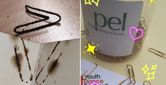 on the left an image of a document damaged by a rusty paperclip, on the right a tub of archival brass paperclips.