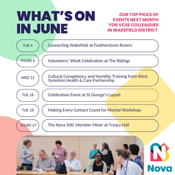 A colourful infographic listing events happening in June from Nova and partners, with dates and titles of each event. All of this information and more can be found on the events page of our website. At the bottom of the graphic is an image of three women sat together looking at a laptop. To the right, is Nova's logo.