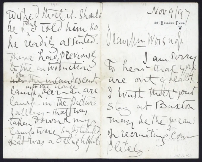 First and fourth page of a letter from Joseph Swan to John Worsnop.